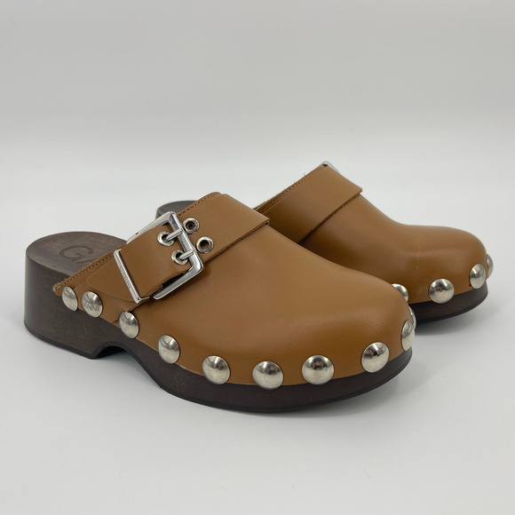 GANNI | Leather Studded Retro Clogs Tiger's Eye Brown Size 38 / US 8 - Picture 3 of 14